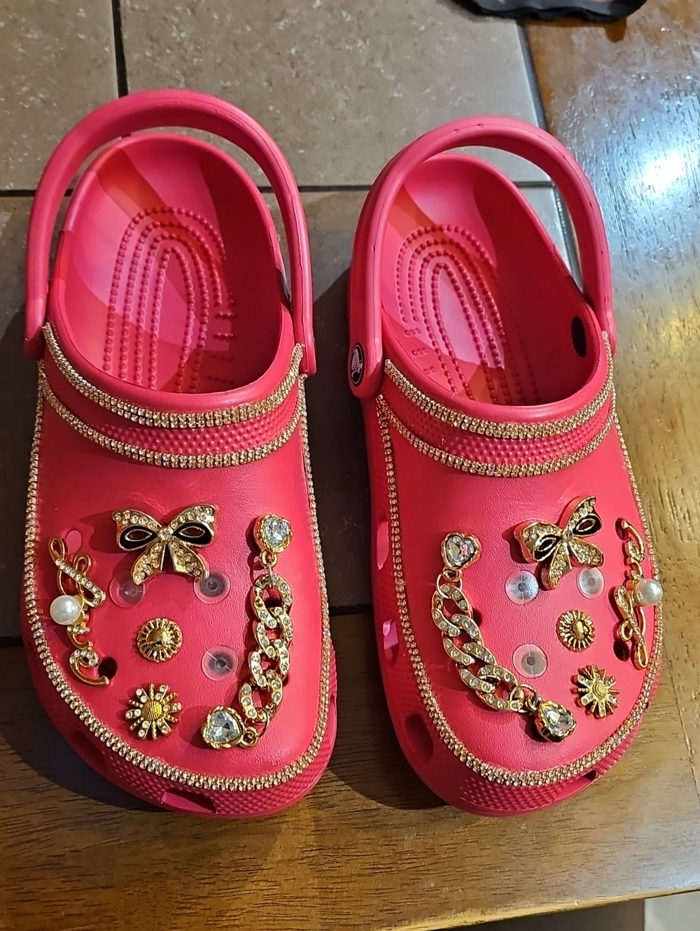 CROCS Girls' Pink Jeweled Clog Sandals with Gold Accents